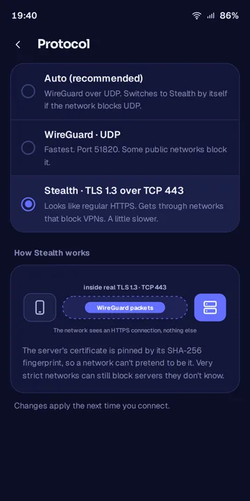 Modo sigilo para redes que bloquean las VPN