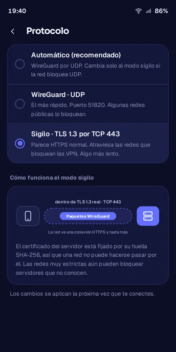 Modo sigilo para redes que bloquean las VPN